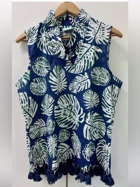 Haley and the Hound Tropical Blue Green Sleeveless Top Size L Tassel Trim USA